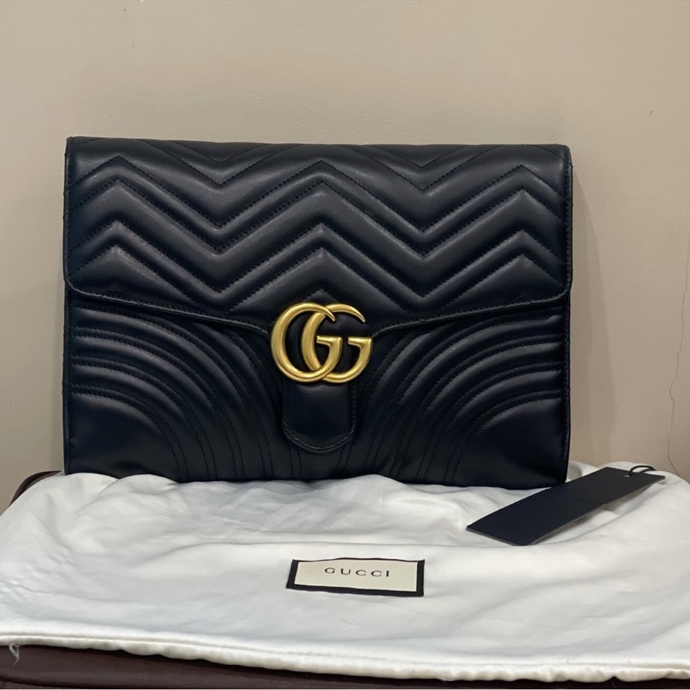 Gucci Calfskin Matelasse GG Marmont Clutch , Black